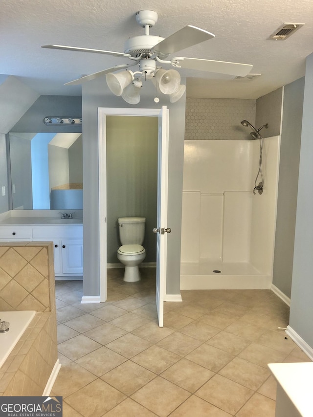 1433 Cotton Trl SW, Conyers, GA 30094 - full bathroom with a ceiling fan, vanity, tile patterned floors, walk in shower, and a textured ceiling