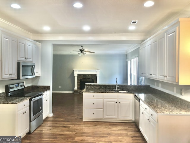 1433 Cotton Trl SW, Conyers, GA 30094 - kitchen with appliances with stainless steel finishes, a peninsula, ceiling fan, dark wood-type flooring, and ornamental molding