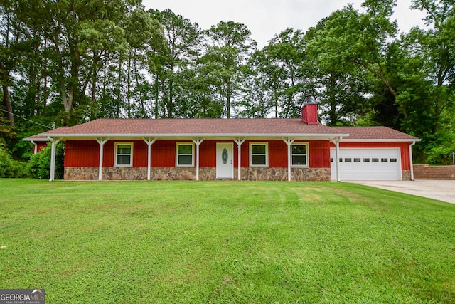 125 Point View Ct, Tyrone, GA 30290 - single story home with stone siding, an attached garage, a front yard, concrete driveway, and a chimney
