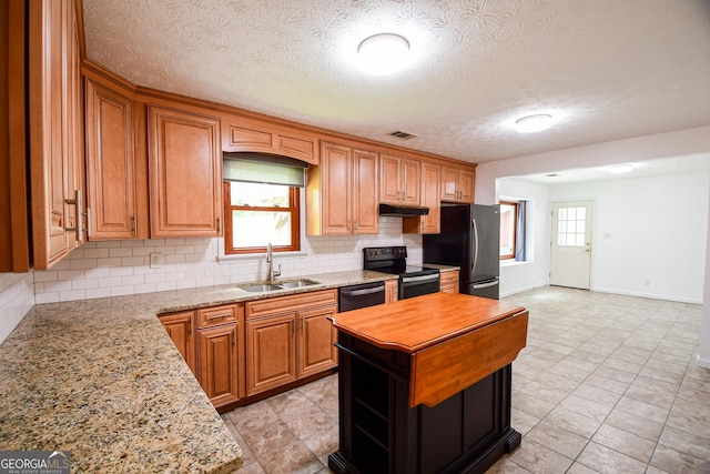 125 Point View Ct, Tyrone, GA 30290 - kitchen with black range with electric stovetop, freestanding refrigerator, under cabinet range hood, decorative backsplash, and dishwasher