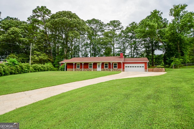 125 Point View Ct, Tyrone, GA 30290 - single story home with a garage, driveway, a chimney, a front yard, and stone siding