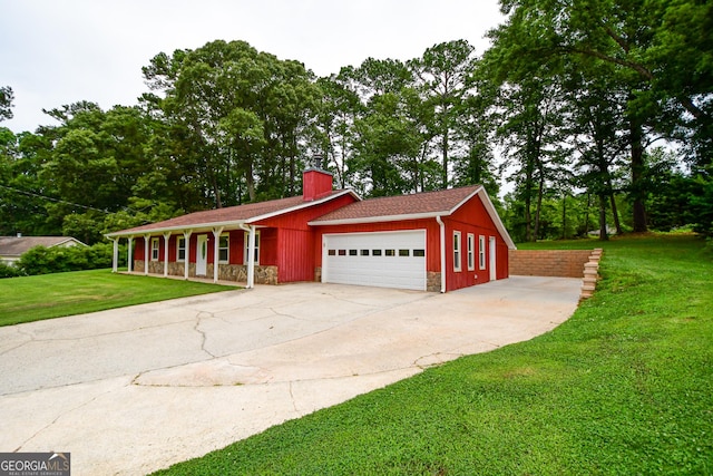 125 Point View Ct, Tyrone, GA 30290 - ranch-style home featuring stone siding, a chimney, an attached garage, a front lawn, and driveway