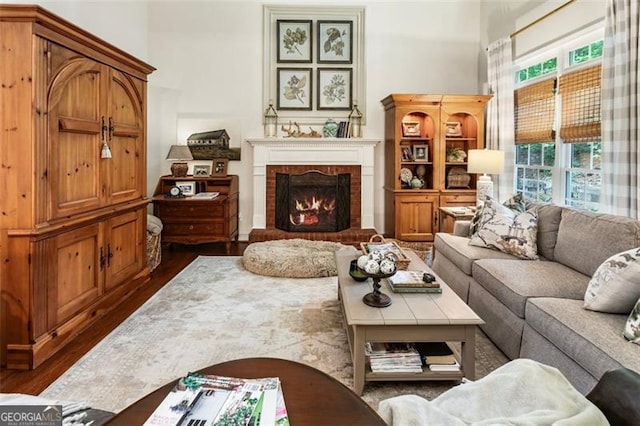 4401 Madison Woods Dr NW Unit 4401, Marietta, GA 30064 - living room with a brick fireplace and dark wood finished floors
