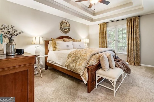 4401 Madison Woods Dr NW Unit 4401, Marietta, GA 30064 - bedroom with a raised ceiling, crown molding, light carpet, and a ceiling fan
