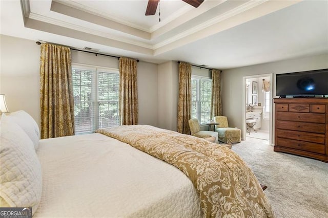 4401 Madison Woods Dr NW Unit 4401, Marietta, GA 30064 - bedroom with carpet floors, ornamental molding, a raised ceiling, ensuite bath, and ceiling fan