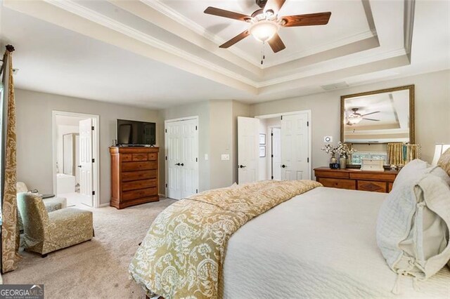 4401 Madison Woods Dr NW Unit 4401, Marietta, GA 30064 - bedroom featuring a raised ceiling, carpet floors, crown molding, ensuite bathroom, and ceiling fan