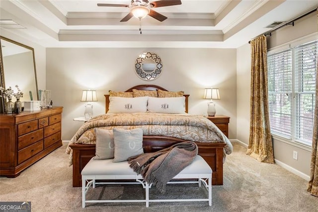 4401 Madison Woods Dr NW Unit 4401, Marietta, GA 30064 - bedroom with ornamental molding, light colored carpet, a raised ceiling, and ceiling fan