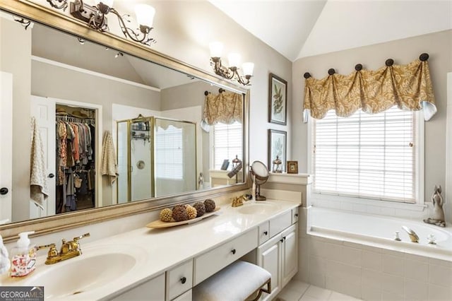 4401 Madison Woods Dr NW Unit 4401, Marietta, GA 30064 - bathroom with lofted ceiling, healthy amount of natural light, a stall shower, double vanity, and a garden tub