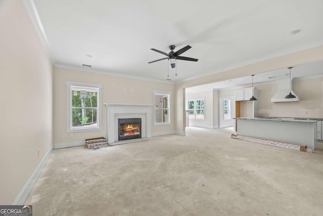 558 Holman Autry Rd, Danielsville, GA 30633 - unfurnished living room with a fireplace, concrete floors, ornamental molding, and ceiling fan