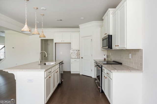 4583 Grenadine Cir, Acworth, GA 30101 - kitchen with appliances with stainless steel finishes, light stone countertops, white cabinets, dark wood-type flooring, and ornamental molding