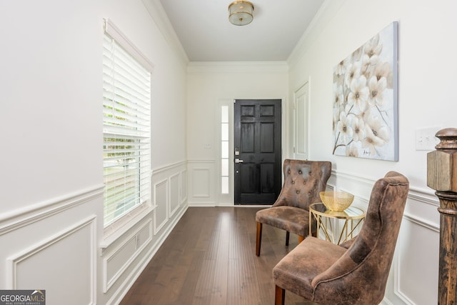 4583 Grenadine Cir, Acworth, GA 30101 - entryway featuring a decorative wall, dark wood-style floors, ornamental molding, and wainscoting
