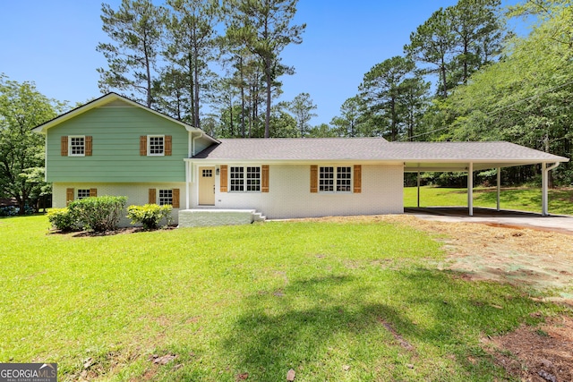 223 Pinehaven Dr, Lagrange, GA 30240 - split level home with an attached carport, brick siding, a front lawn, and driveway