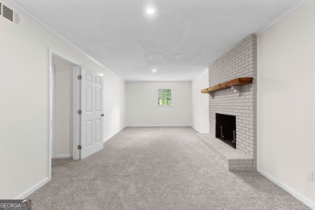 223 Pinehaven Dr, Lagrange, GA 30240 - unfurnished living room featuring carpet, a brick fireplace, recessed lighting, and crown molding