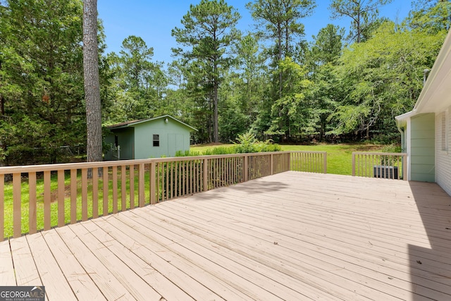 223 Pinehaven Dr, Lagrange, GA 30240 - wooden terrace featuring an outdoor structure and view of wooded area