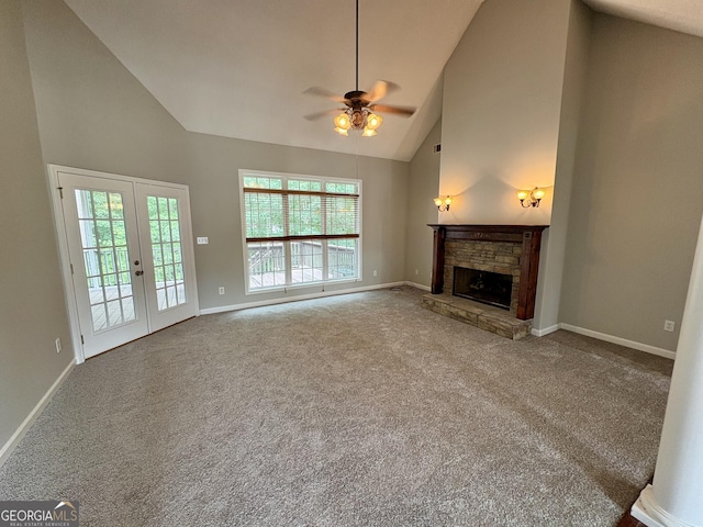 237 Shockley Way, Dallas, GA 30157 - unfurnished living room featuring high vaulted ceiling, ceiling fan, carpet, and french doors