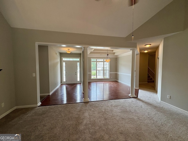 237 Shockley Way, Dallas, GA 30157 - entrance foyer with decorative columns, carpet flooring, and stairs