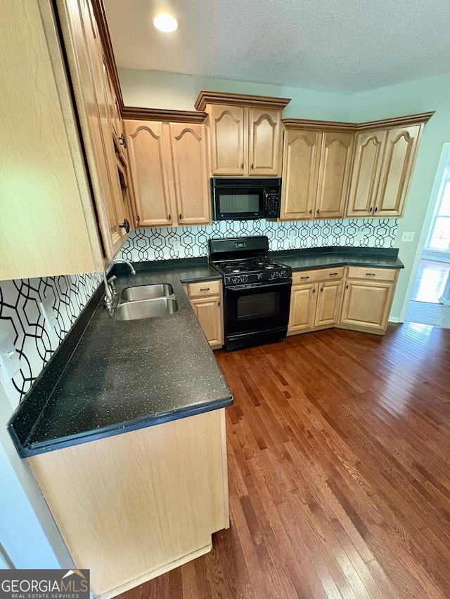 237 Shockley Way, Dallas, GA 30157 - kitchen featuring black appliances, dark wood-style flooring, dark countertops, and tasteful backsplash