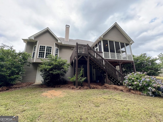 237 Shockley Way, Dallas, GA 30157 - rear view of house with a sunroom, stairs, a chimney, and a yard