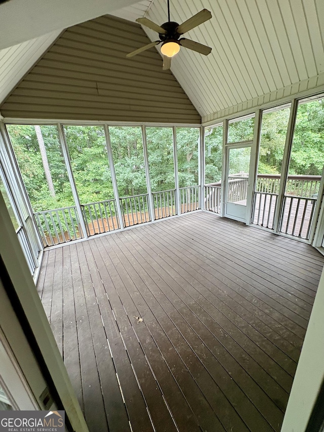 237 Shockley Way, Dallas, GA 30157 - unfurnished sunroom featuring a ceiling fan, lofted ceiling, and plenty of natural light