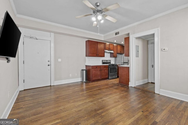 733 Frederica St NE Unit 7, Atlanta, GA 30306 - kitchen featuring appliances with stainless steel finishes, a ceiling fan, dark wood-style floors, light countertops, and ornamental molding
