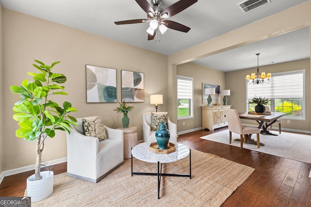 51 Stonebridge Way, Newnan, GA 30265 - living room featuring hardwood / wood-style flooring, a chandelier, and ceiling fan