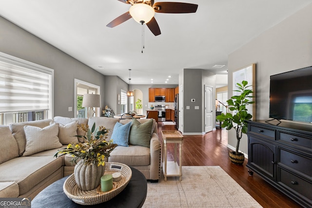51 Stonebridge Way, Newnan, GA 30265 - living room with ceiling fan, dark wood-style flooring, and recessed lighting