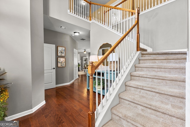 51 Stonebridge Way, Newnan, GA 30265 - staircase featuring a high ceiling, wood finished floors, and ceiling fan