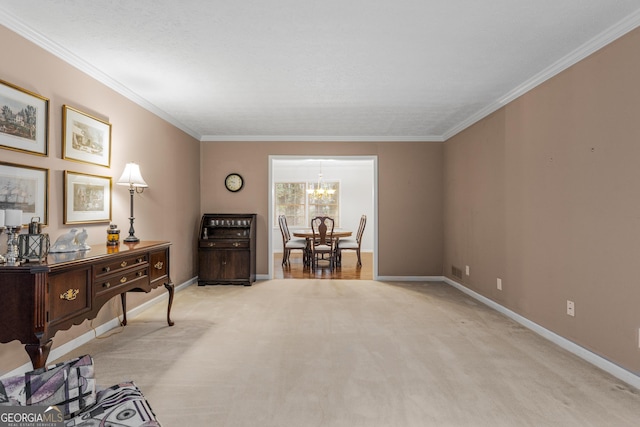 2240 Six Branches Dr, Roswell, GA 30076 - living area featuring light colored carpet, crown molding, and a chandelier
