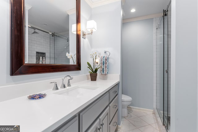 2240 Six Branches Dr, Roswell, GA 30076 - bathroom with vanity, a stall shower, ornamental molding, tile patterned flooring, and recessed lighting