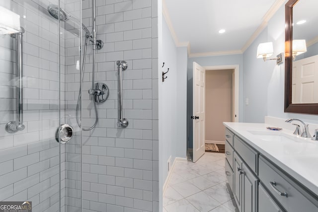 2240 Six Branches Dr, Roswell, GA 30076 - bathroom featuring a stall shower, vanity, marble look tile flooring, and ornamental molding