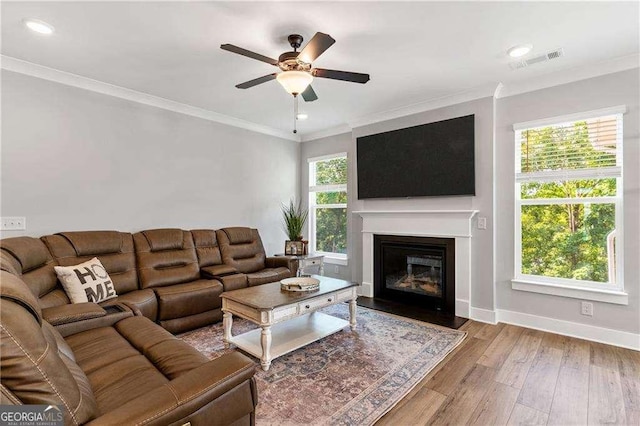 338 Boundless Ln, Canton, GA 30114 - living area featuring a ceiling fan, wood-type flooring, a fireplace with flush hearth, ornamental molding, and recessed lighting
