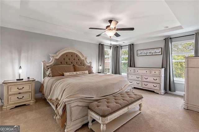 338 Boundless Ln, Canton, GA 30114 - bedroom with a raised ceiling, light carpet, multiple windows, and a ceiling fan