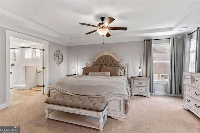 338 Boundless Ln, Canton, GA 30114 - bedroom featuring light carpet, ensuite bath, and a ceiling fan