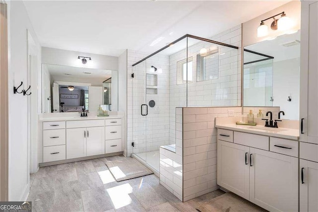 338 Boundless Ln, Canton, GA 30114 - bathroom with a stall shower and two vanities