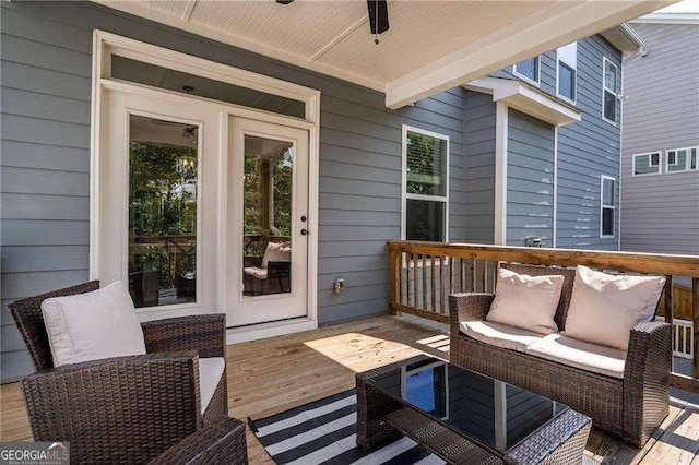 338 Boundless Ln, Canton, GA 30114 - wooden terrace with ceiling fan and an outdoor living space