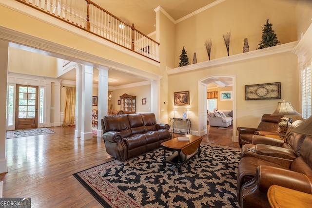 2403 Wistful Way, Marietta, GA 30066 - living area featuring decorative columns, arched walkways, wood finished floors, ornamental molding, and a high ceiling