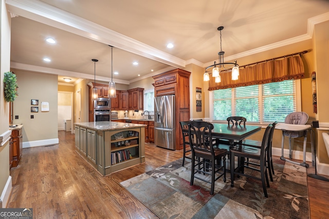 2403 Wistful Way, Marietta, GA 30066 - dining area featuring dark wood-style floors, crown molding, a chandelier, and recessed lighting