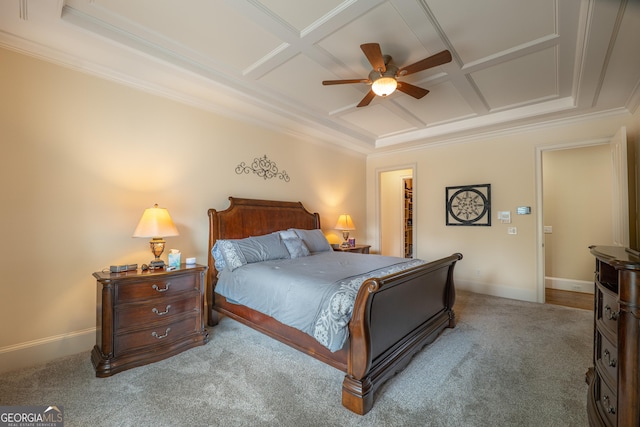 2403 Wistful Way, Marietta, GA 30066 - carpeted bedroom with coffered ceiling, crown molding, a walk in closet, a closet, and ceiling fan