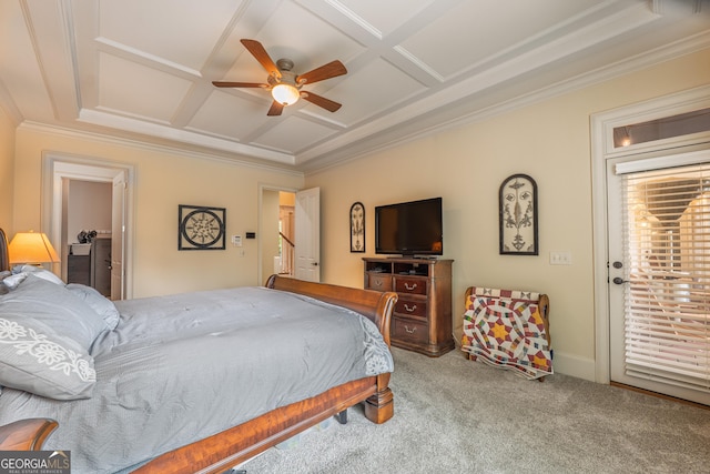 2403 Wistful Way, Marietta, GA 30066 - bedroom with coffered ceiling, carpet, access to outside, ornamental molding, and a ceiling fan