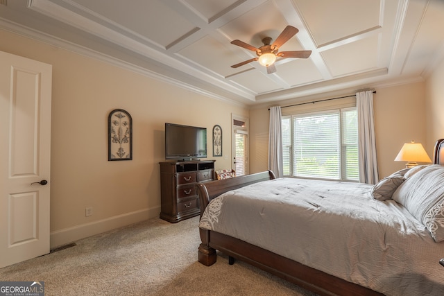 2403 Wistful Way, Marietta, GA 30066 - bedroom with coffered ceiling, ornamental molding, carpet, and a ceiling fan