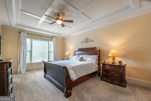 2403 Wistful Way, Marietta, GA 30066 - carpeted bedroom with coffered ceiling, ornamental molding, and ceiling fan