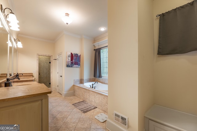 2403 Wistful Way, Marietta, GA 30066 - bathroom with vanity, a garden tub, crown molding, tile patterned floors, and a shower