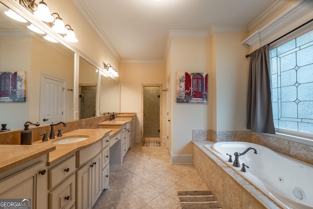 2403 Wistful Way, Marietta, GA 30066 - full bath with a shower stall, double vanity, a whirlpool tub, ornamental molding, and tile patterned flooring