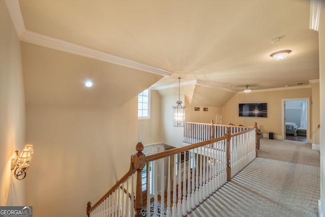 2403 Wistful Way, Marietta, GA 30066 - corridor featuring an upstairs landing, a chandelier, ornamental molding, and carpet
