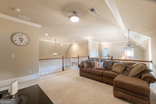2403 Wistful Way, Marietta, GA 30066 - carpeted living area featuring ornamental molding, a ceiling fan, lofted ceiling, recessed lighting, and a chandelier