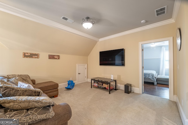 2403 Wistful Way, Marietta, GA 30066 - living area featuring carpet flooring, ornamental molding, and vaulted ceiling