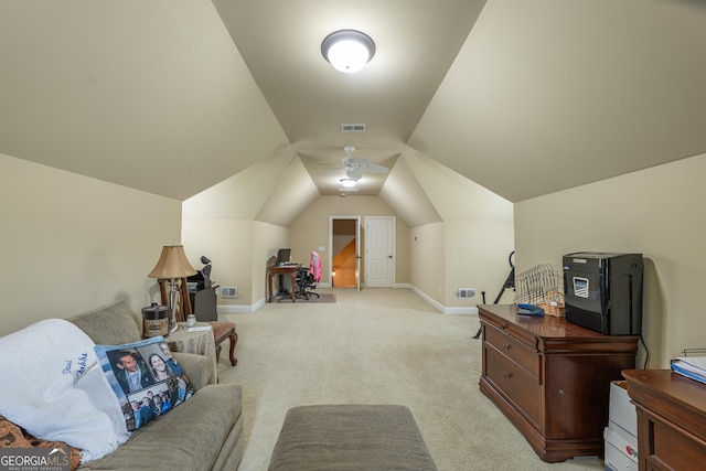 2403 Wistful Way, Marietta, GA 30066 - living area with light colored carpet, vaulted ceiling, and a ceiling fan