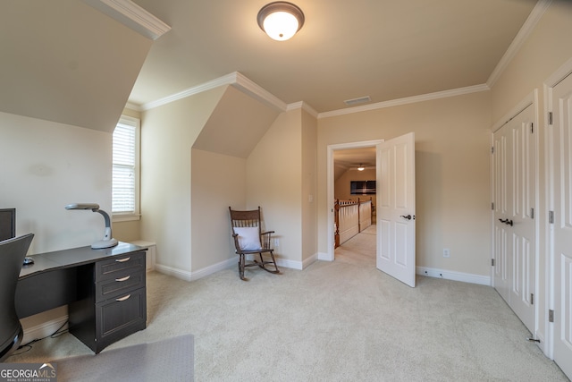 2403 Wistful Way, Marietta, GA 30066 - office area with crown molding, light carpet, and lofted ceiling