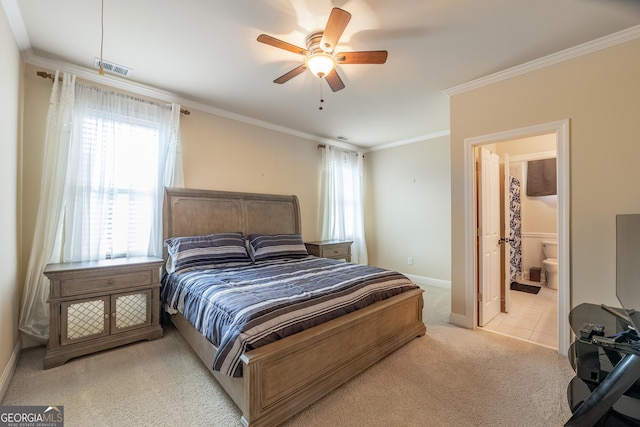 2403 Wistful Way, Marietta, GA 30066 - bedroom with light colored carpet, crown molding, ensuite bath, and ceiling fan