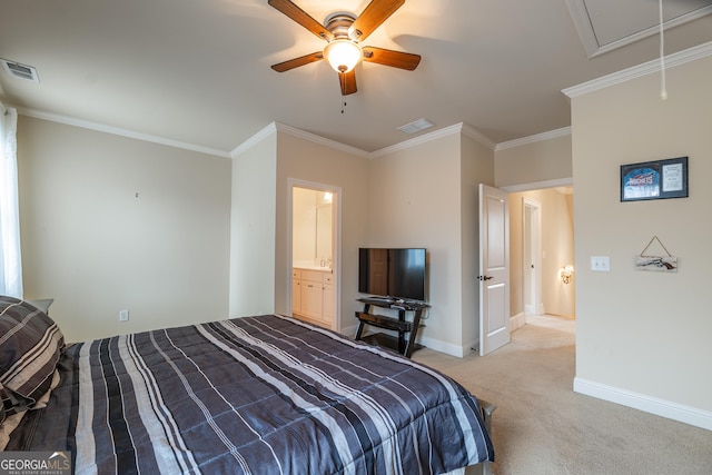 2403 Wistful Way, Marietta, GA 30066 - bedroom with attic access, ornamental molding, light carpet, and a ceiling fan